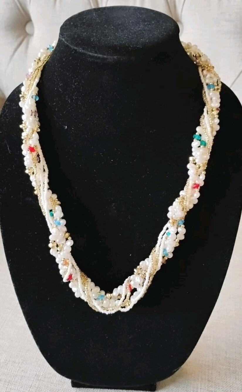 Multi Strand Freshwater Pearl Beaded Necklace Boho Coastal Layered 25"